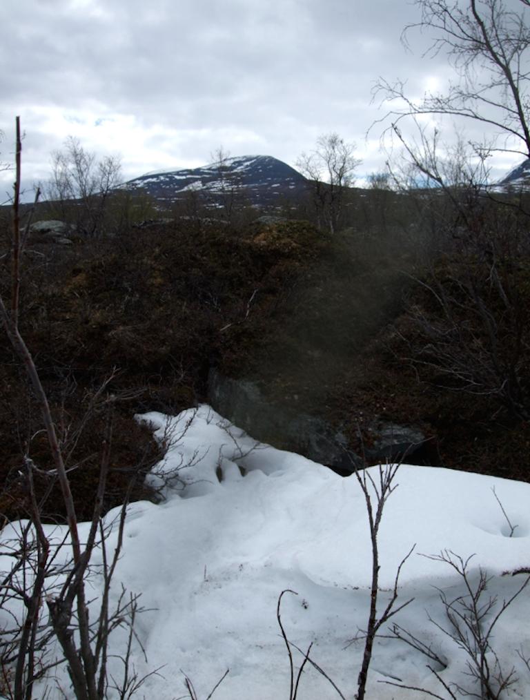 patch of snow surrounding by open ground