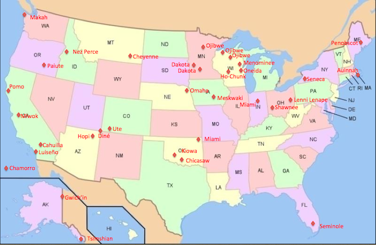 Map of the United States with indications of selected indigenous groups